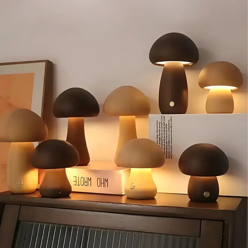 Veilleuse lampe en bois en forme de champignon