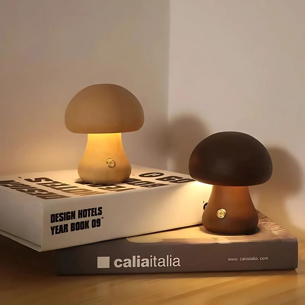 Veilleuse lampe en bois en forme de champignon