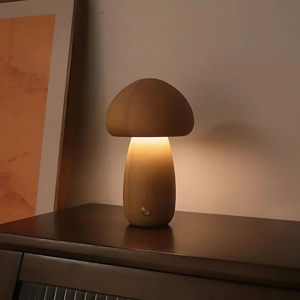 Veilleuse lampe en bois en forme de champignon